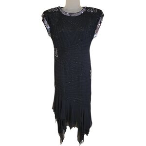VINTAGE Oleg Cassini 100% Silk w/ Sequin Black Cap Sleeve Evening Gown Sz 4